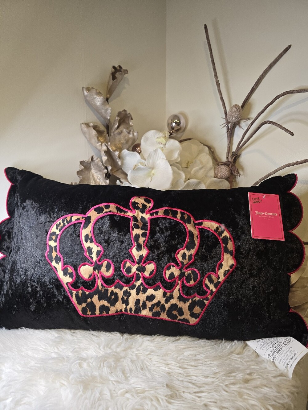 Juicy Couture  Velour hot pink Accent Decor Pillow Approximately 21” x 11” x 7”